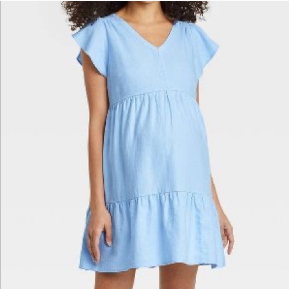 Isabel Maternity Flutter Sleeve Dress Tiered Babydoll Blue Tie Back Linen Blend